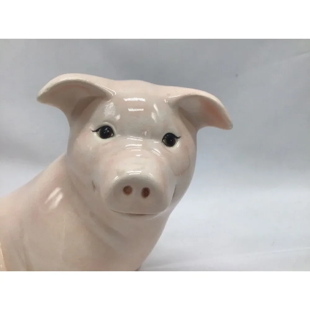 Smiling Happy Pink Pig Ceramic Porcelain Figurine 6 Inch Crazing Farmhouse